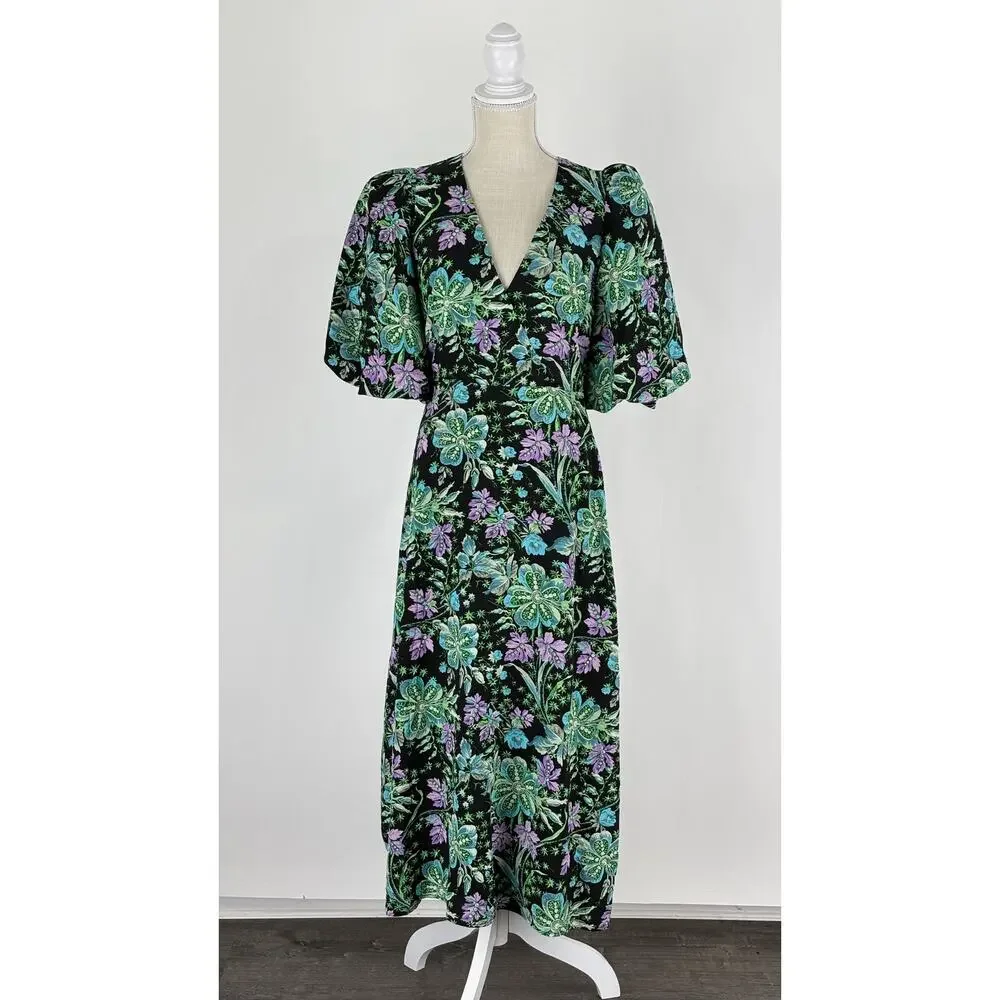 Rhode V Neck Floral Ina Midi Dress Hibiscus Women Size 4 New Bubble Short Sleeve